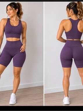 Seamless High-Waist Ribbed Bike Shorts - Purple